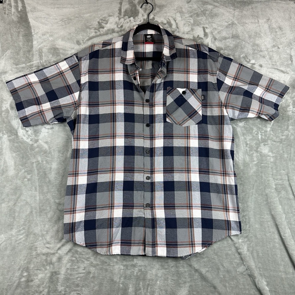 Ecko Unltd. Button Front Shirt Men's 2XB Blue Orange Gray Check Plaid Textured